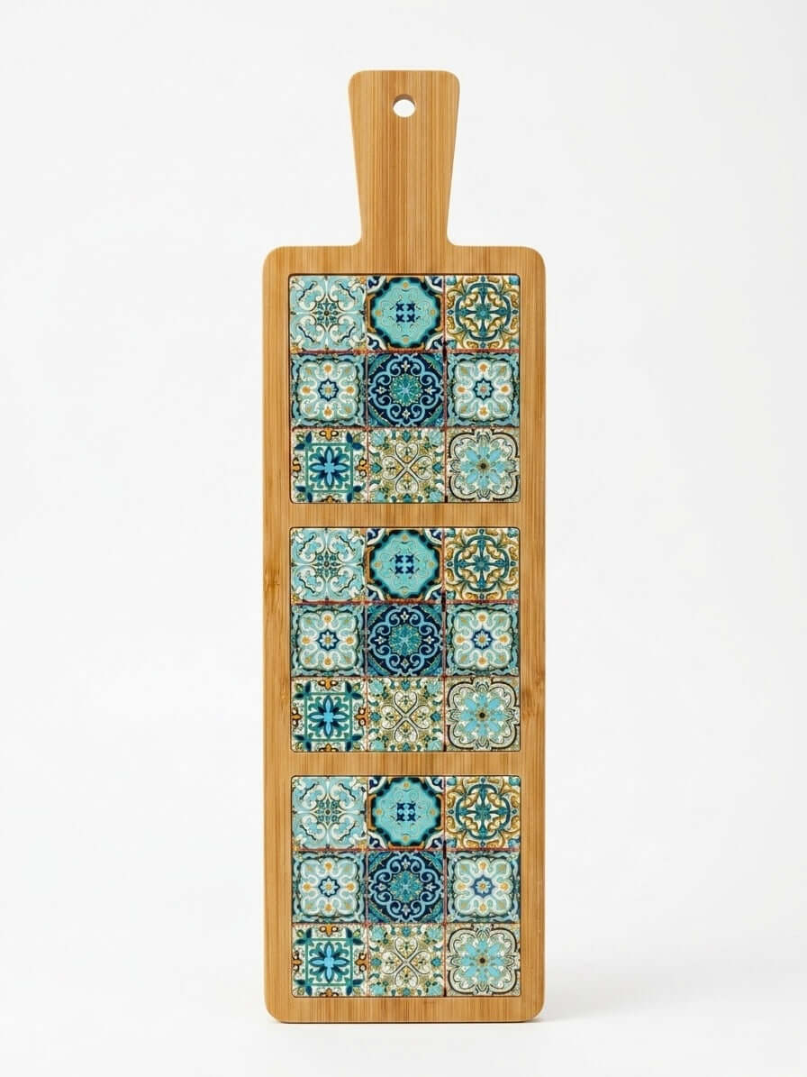 Turkish Tile Bamboo Serving Board with vibrant traditional tile patterns and a natural bamboo design.