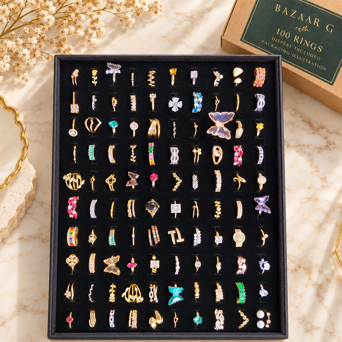 Mixed Gold-Tone & Colourful Rings — Assortment B: 100 rings with included display tray
