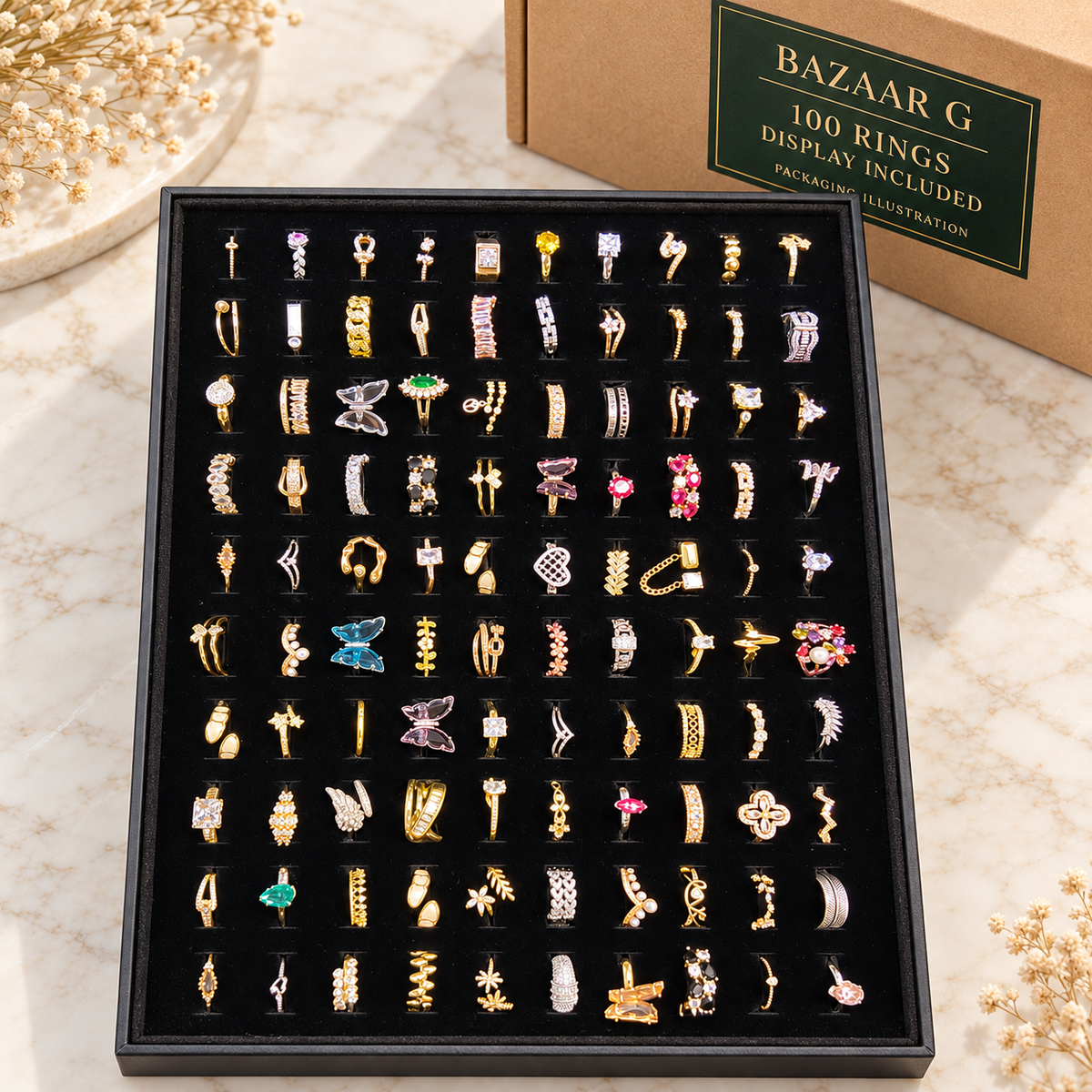 Mixed Gold-Tone & Colourful Rings — Assortment C: 100 rings with included display tray