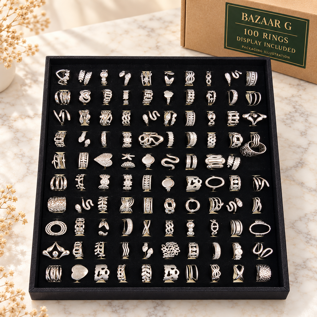 Sculptural Silver-Tone Rings: 100 rings with included display tray