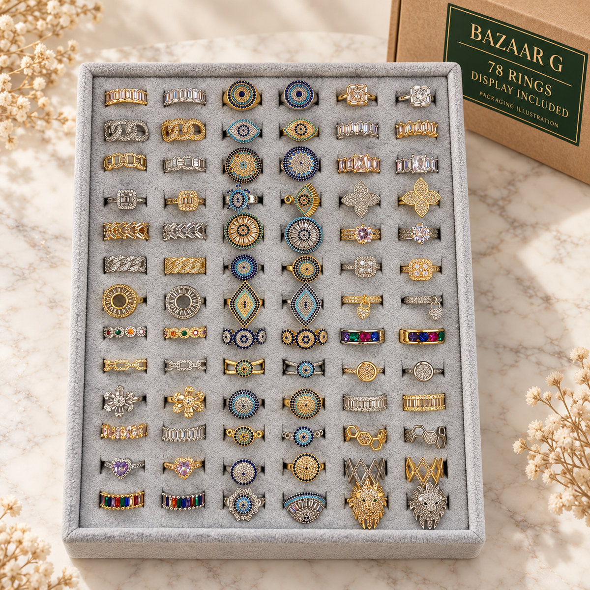 Ornate Evil Eye & Crystal Rings — Assortment C: 78 rings with included display tray