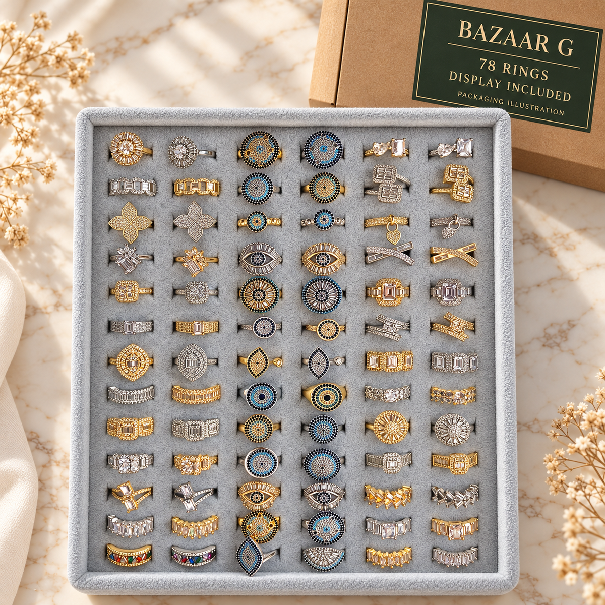 Ornate Evil Eye & Crystal Rings — Assortment D: 78 rings with included display tray