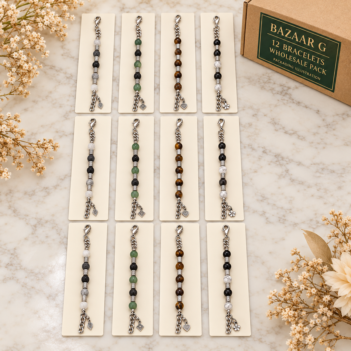 Beaded Stainless Steel Bracelets: 12 bracelets wholesale pack