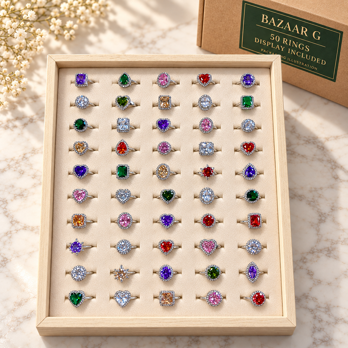 Colourful Crystal Rings — Assortment A: 50 rings with included display tray