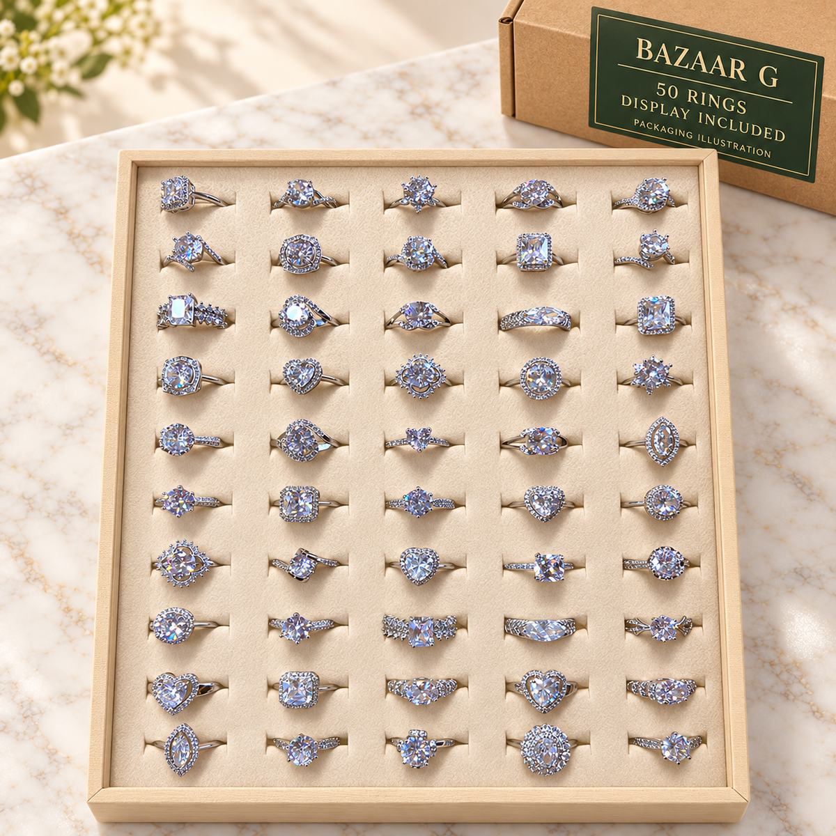 Classic Solitaire-Style Rings: 50 rings with included display tray