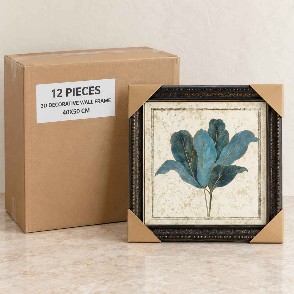 3D Decorative Wall Frames — Box of 12 — 12 × 3D Decorative Wall Frame 40X50 cm. Representative samples beside illustrative wholesale carton.