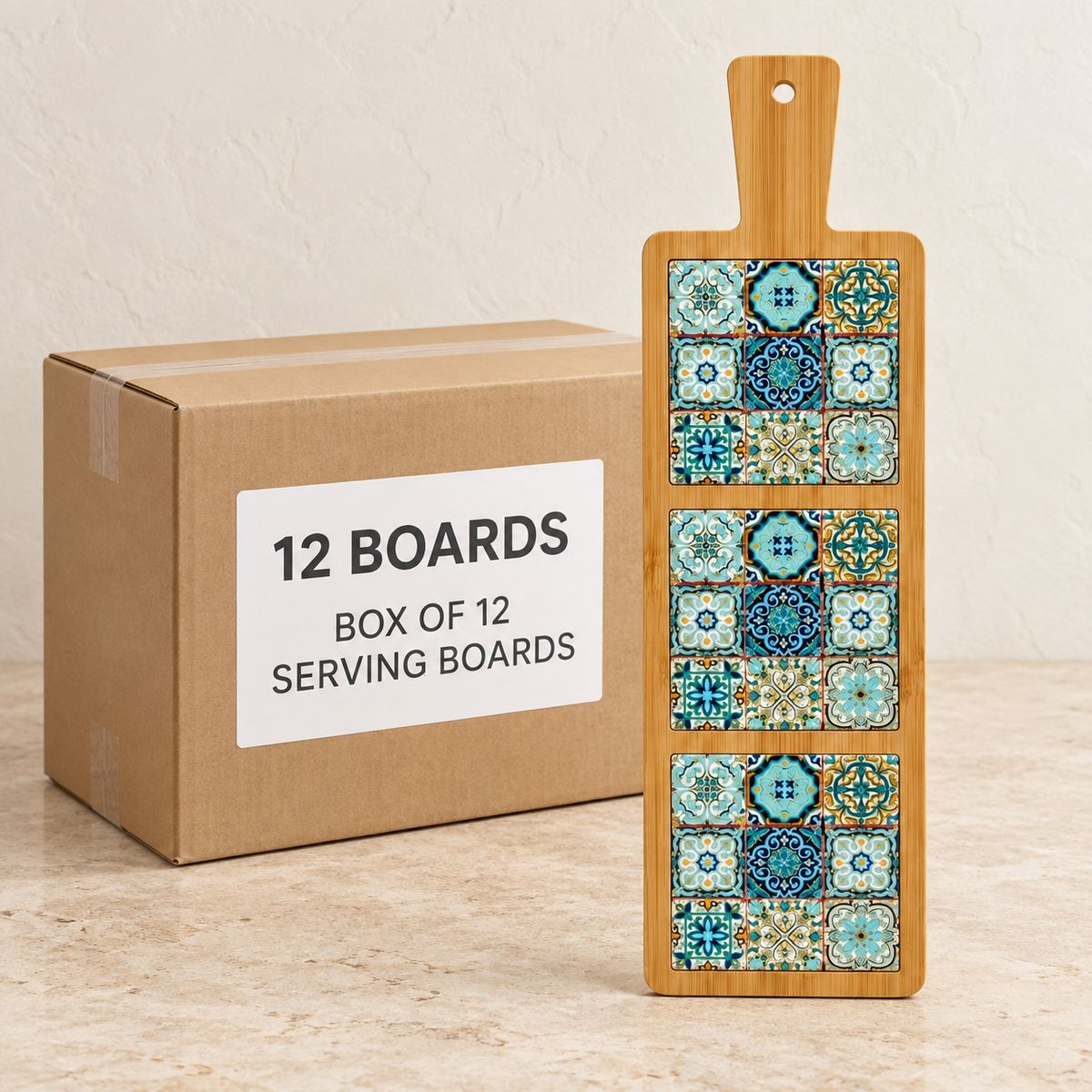 Turkish Tile Bamboo Serving Boards · 13 × 43 cm — Box of 12 — Box of 12 serving boards. Representative samples beside illustrative wholesale carton.