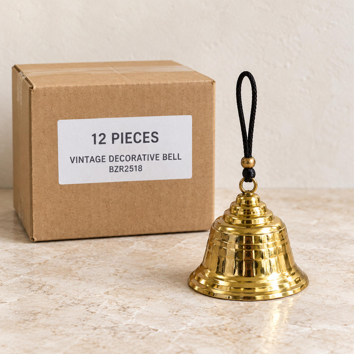 Vintage Decorative Bells — Box of 12 — 12 × Vintage Decorative Bell - BZR2518. Representative samples beside illustrative wholesale carton.