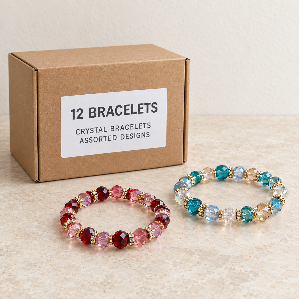 Bracelets — Box of 12 — 12 × Crystal Bracelets - Assorted Designs. Representative samples beside illustrative wholesale carton.
