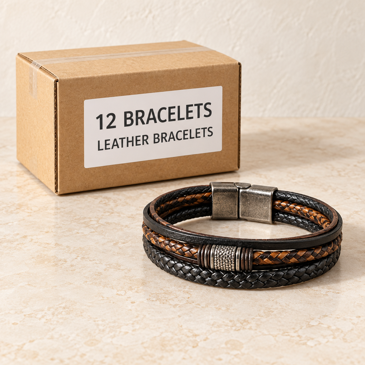 Bracelets — Box of 12 — 12 × Leather Bracelets. Representative samples beside illustrative wholesale carton.