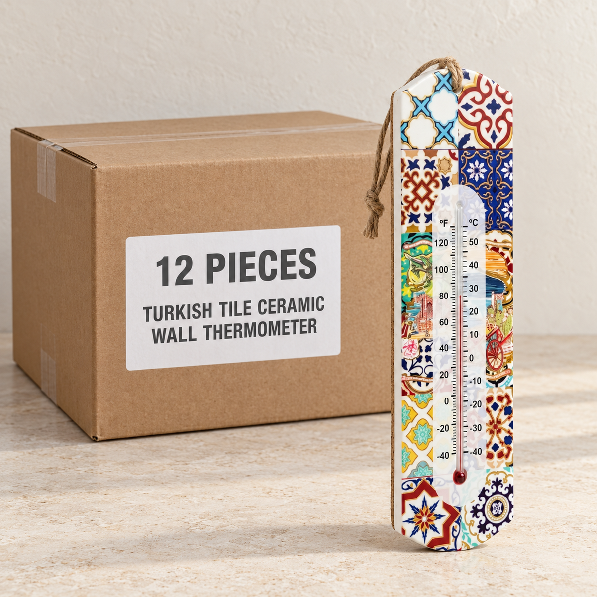 Turkish Tile Ceramic Wall Thermometer — Box of 12 — 12 × Turkish Tile Ceramic Wall Thermometer. Representative samples beside illustrative wholesale carton.