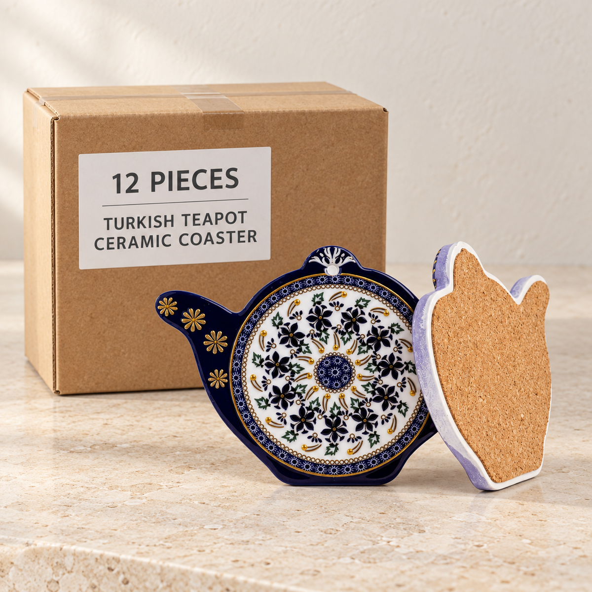Turkish Teapot Ceramic Coaster — Box of 12 — 12 × Turkish Teapot Ceramic Coaster. Representative samples beside illustrative wholesale carton.