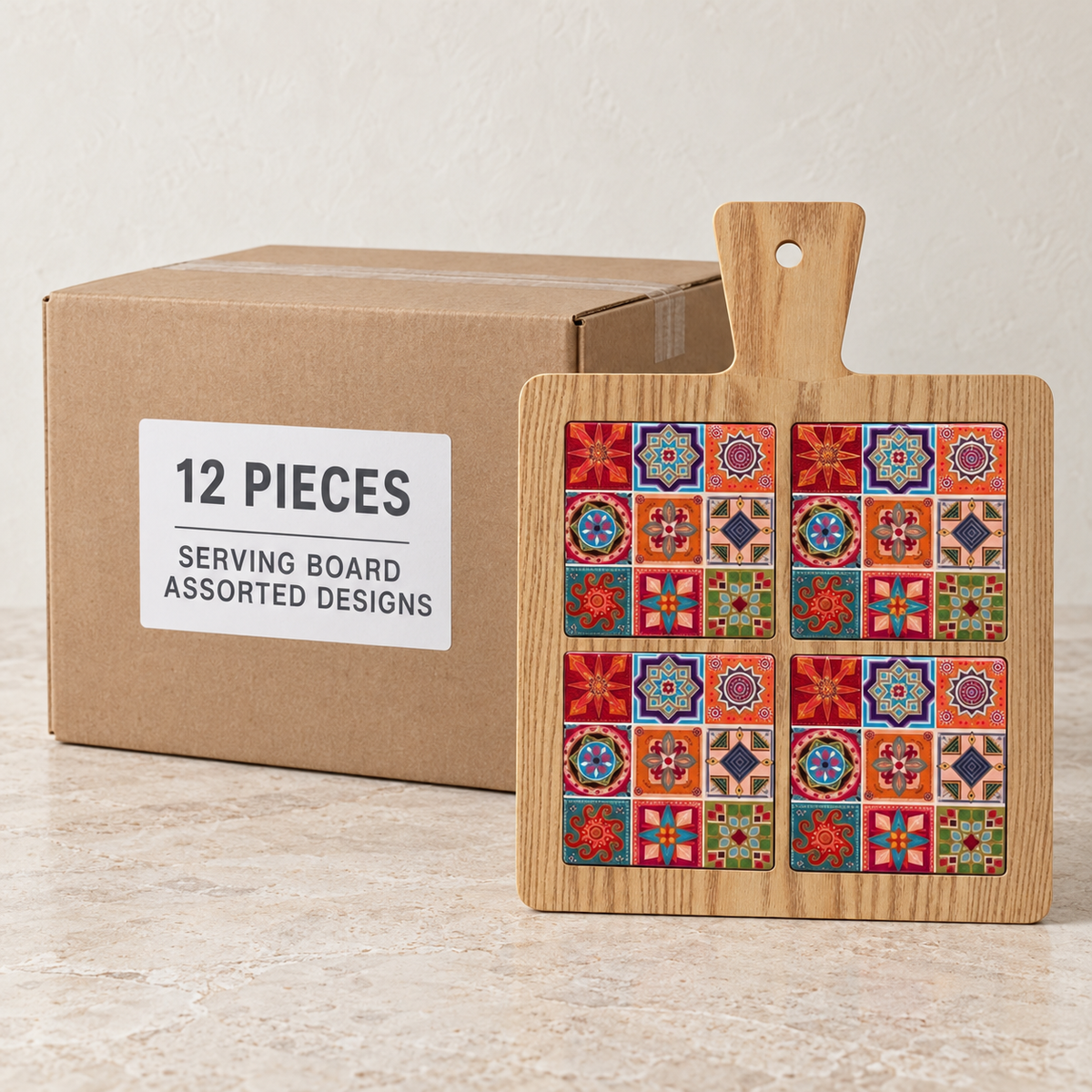 Serving Board - Assorted Designs — Box of 12 — 12 × Serving Board - Assorted Designs. Representative samples beside illustrative wholesale carton.
