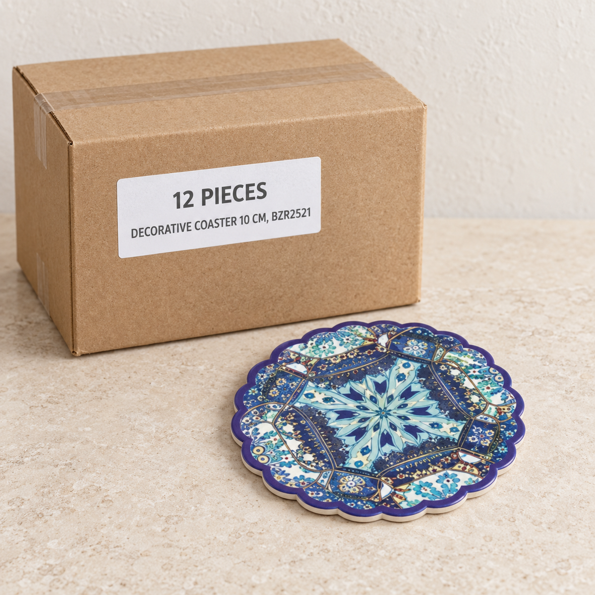Decorative Coaster - 10 cm, BZR2521 — Box of 12 — 12 × Decorative Coaster - 10 cm, BZR2521. Representative samples beside illustrative wholesale carton.