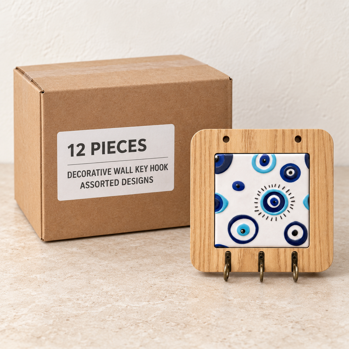 Decorative Wall Key Hook - Assorted Designs — Box of 12 — 12 × Decorative Wall Key Hook - Assorted Designs. Representative samples beside illustrative wholesale carton.