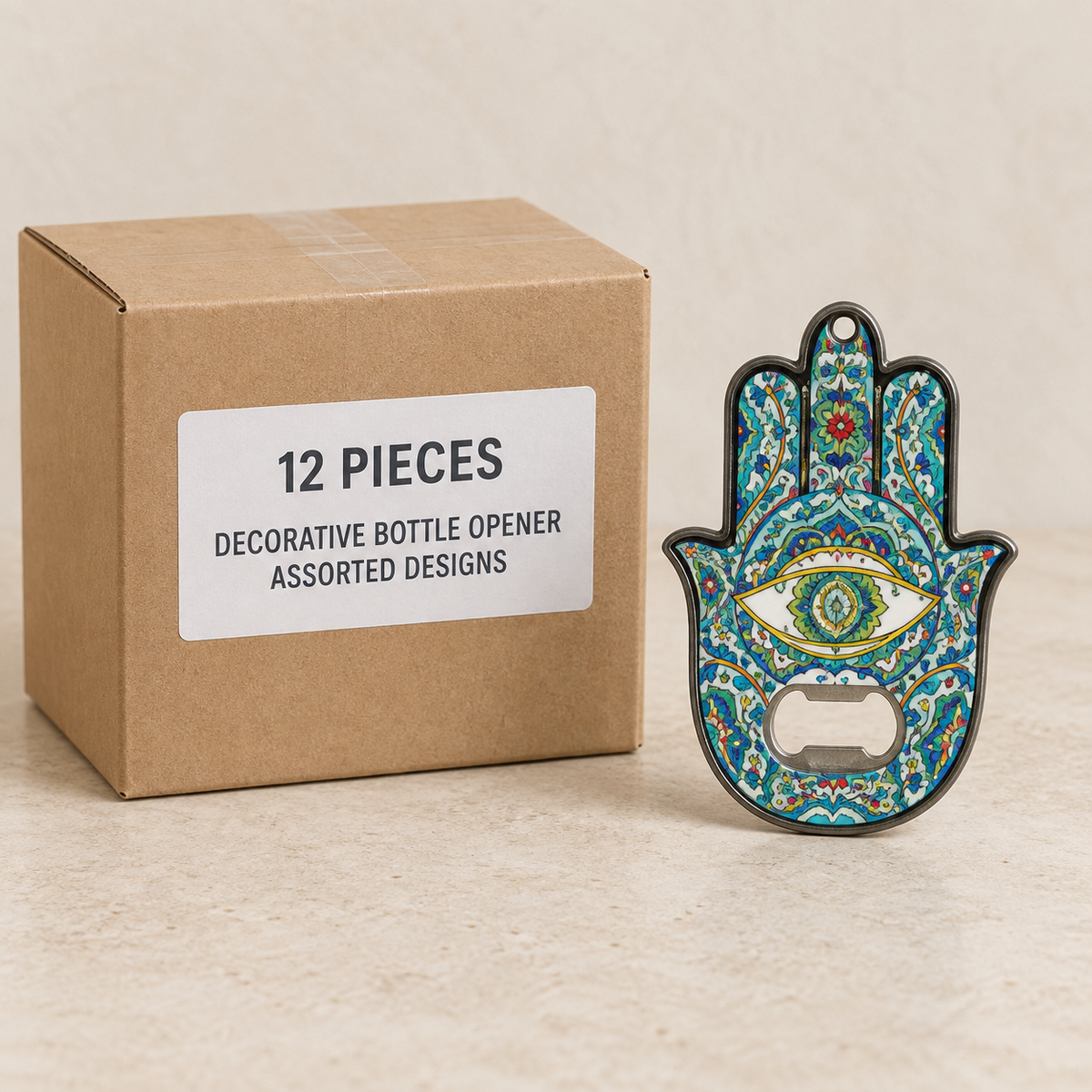 Decorative Bottle Opener - Assorted Designs — Box of 12 — 12 × Decorative Bottle Opener - Assorted Designs. Representative samples beside illustrative wholesale carton.