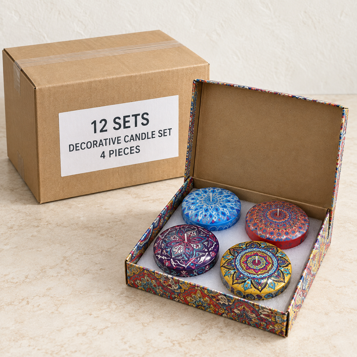 Decorative Candle Set - 4 Pieces — Box of 12 — 12 × Decorative Candle Set - 4 Pieces. Representative samples beside illustrative wholesale carton.