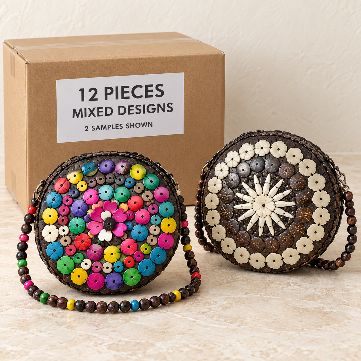 Coconut Shell Bags · Large — Box of 12 — Mixed box — 4 of each design. Representative samples beside illustrative wholesale carton.
