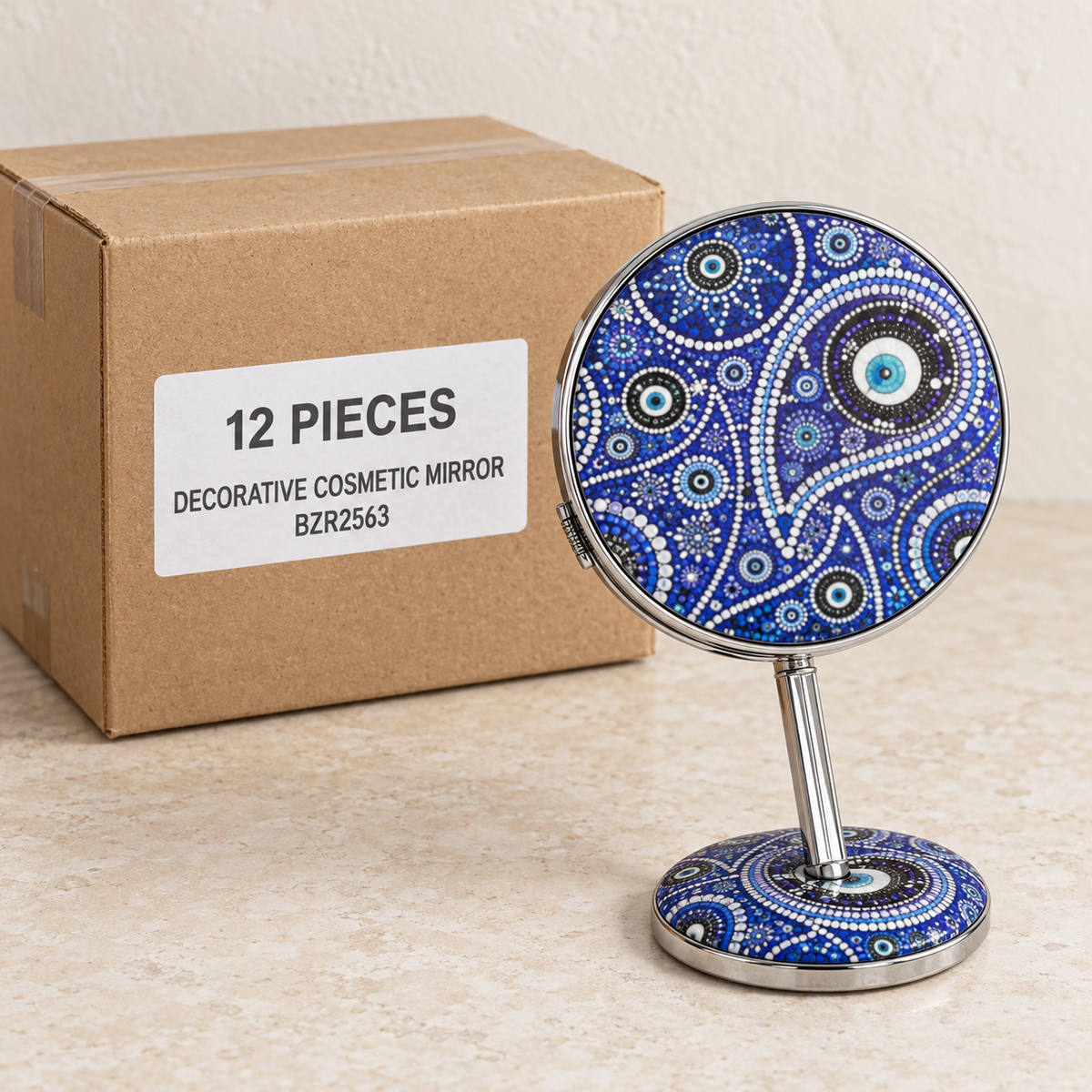 Decorative Cosmetic Mirrors — Box of 12 — 12 × Decorative Cosmetic Mirror - BZR2563. Representative samples beside illustrative wholesale carton.