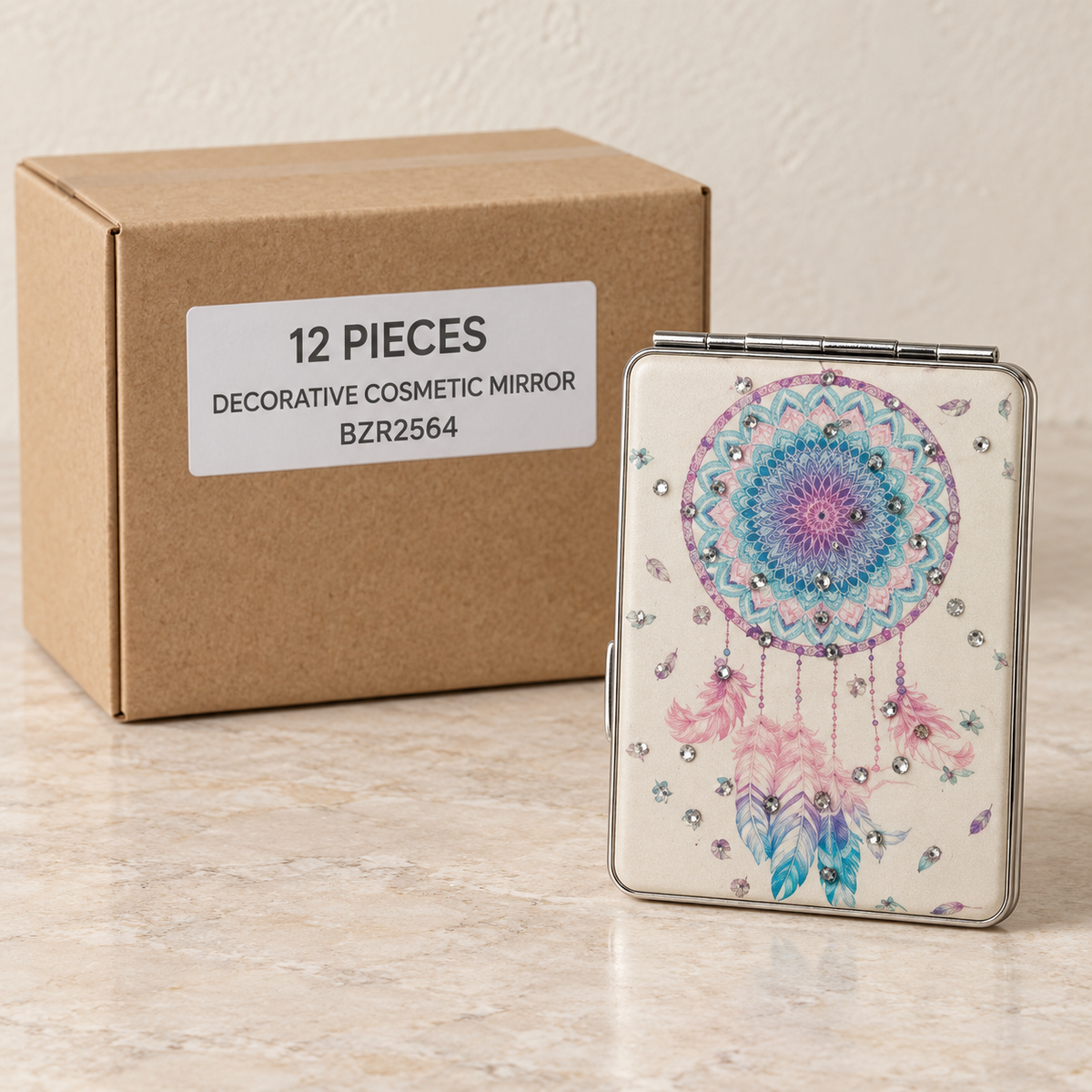 Decorative Cosmetic Mirrors — Box of 12 — 12 × Decorative Cosmetic Mirror - BZR2564. Representative samples beside illustrative wholesale carton.