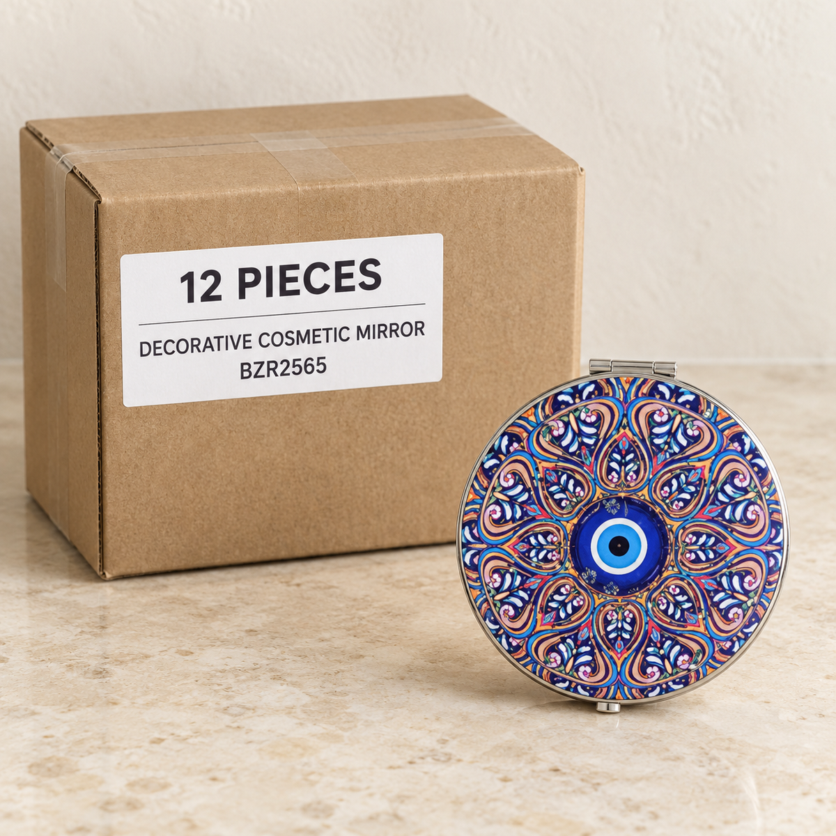 Decorative Cosmetic Mirrors — Box of 12 — 12 × Decorative Cosmetic Mirror - BZR2565. Representative samples beside illustrative wholesale carton.