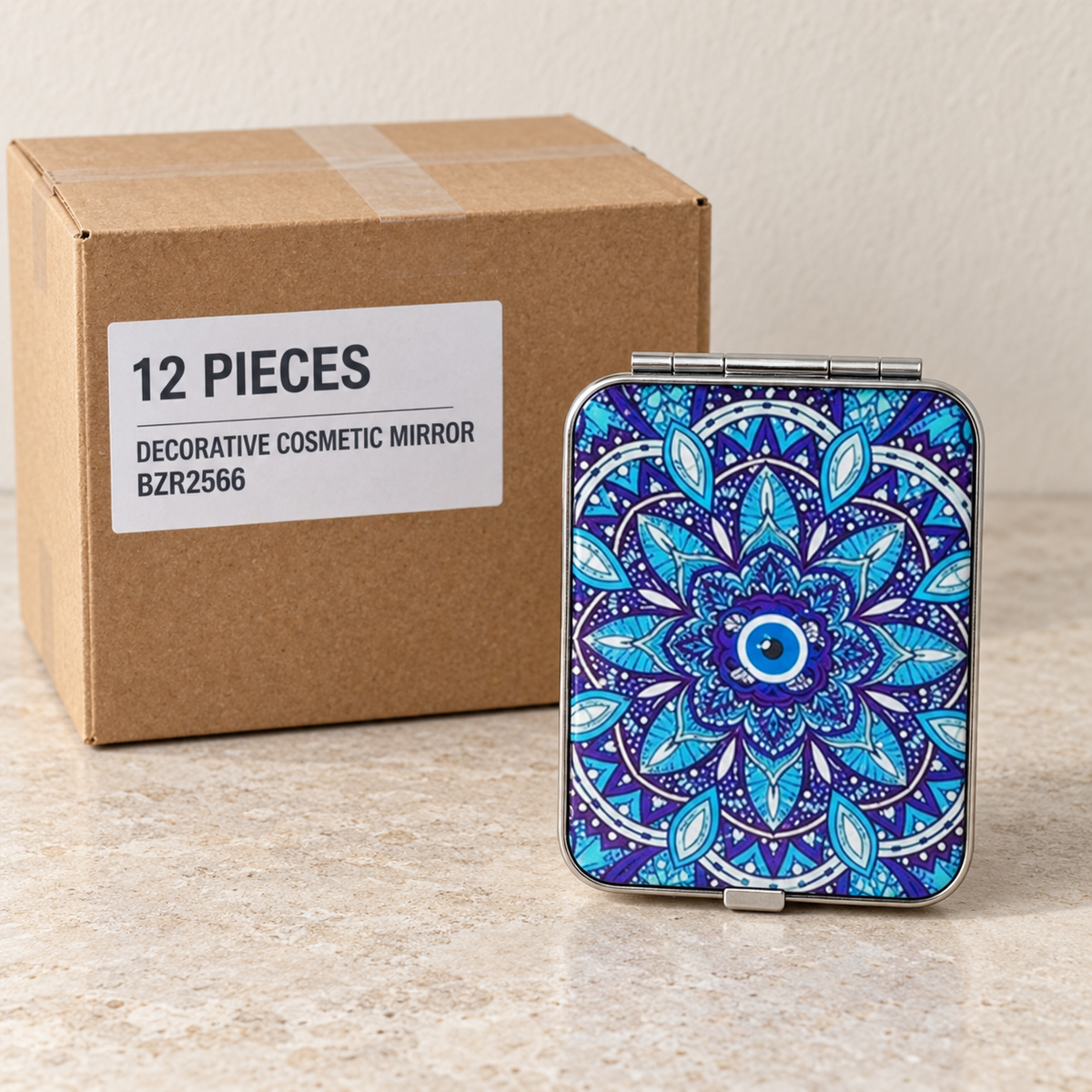 Decorative Cosmetic Mirrors — Box of 12 — 12 × Decorative Cosmetic Mirror - BZR2566. Representative samples beside illustrative wholesale carton.