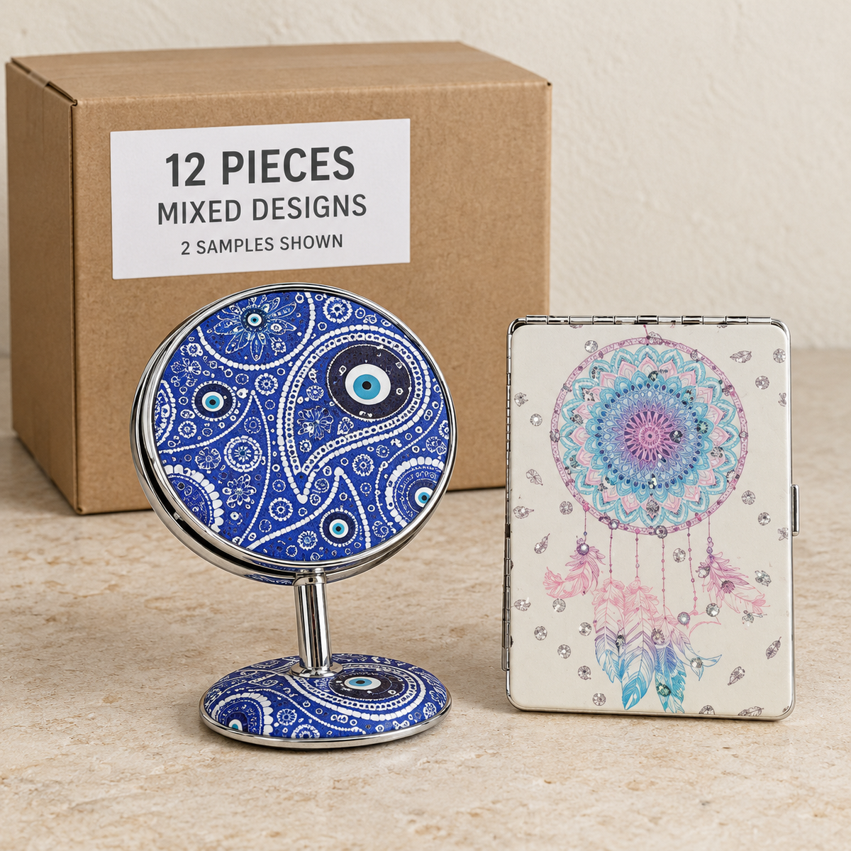 Decorative Cosmetic Mirrors — Box of 12 — Mixed box — 12 pieces (see contents). Representative samples beside illustrative wholesale carton.