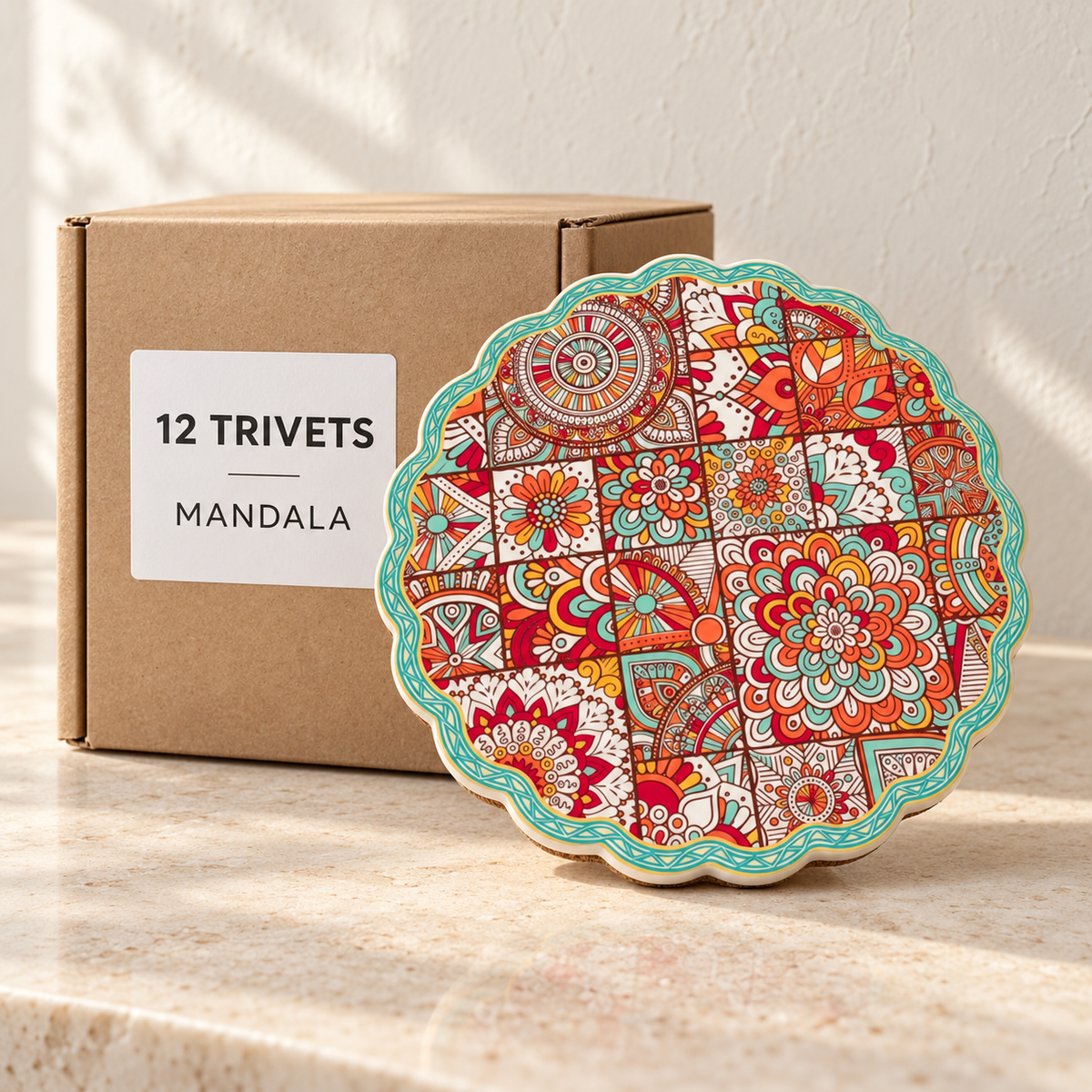Mandala wholesale box of 12 — one sample of the selected design shown with illustrative carton