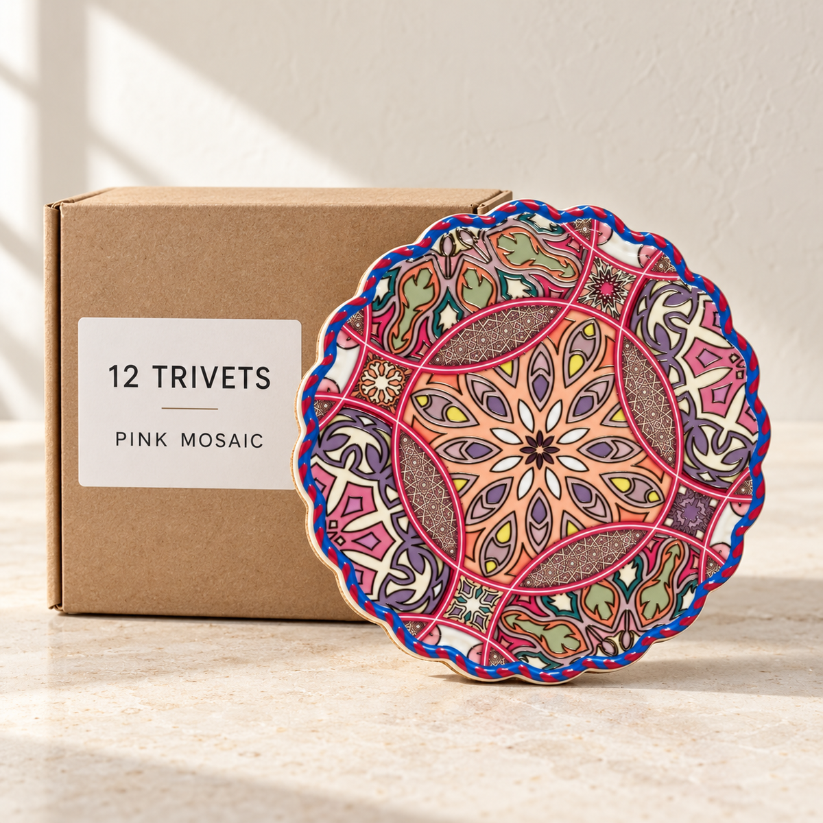 Pink Mosaic wholesale box of 12 — one sample of the selected design shown with illustrative carton