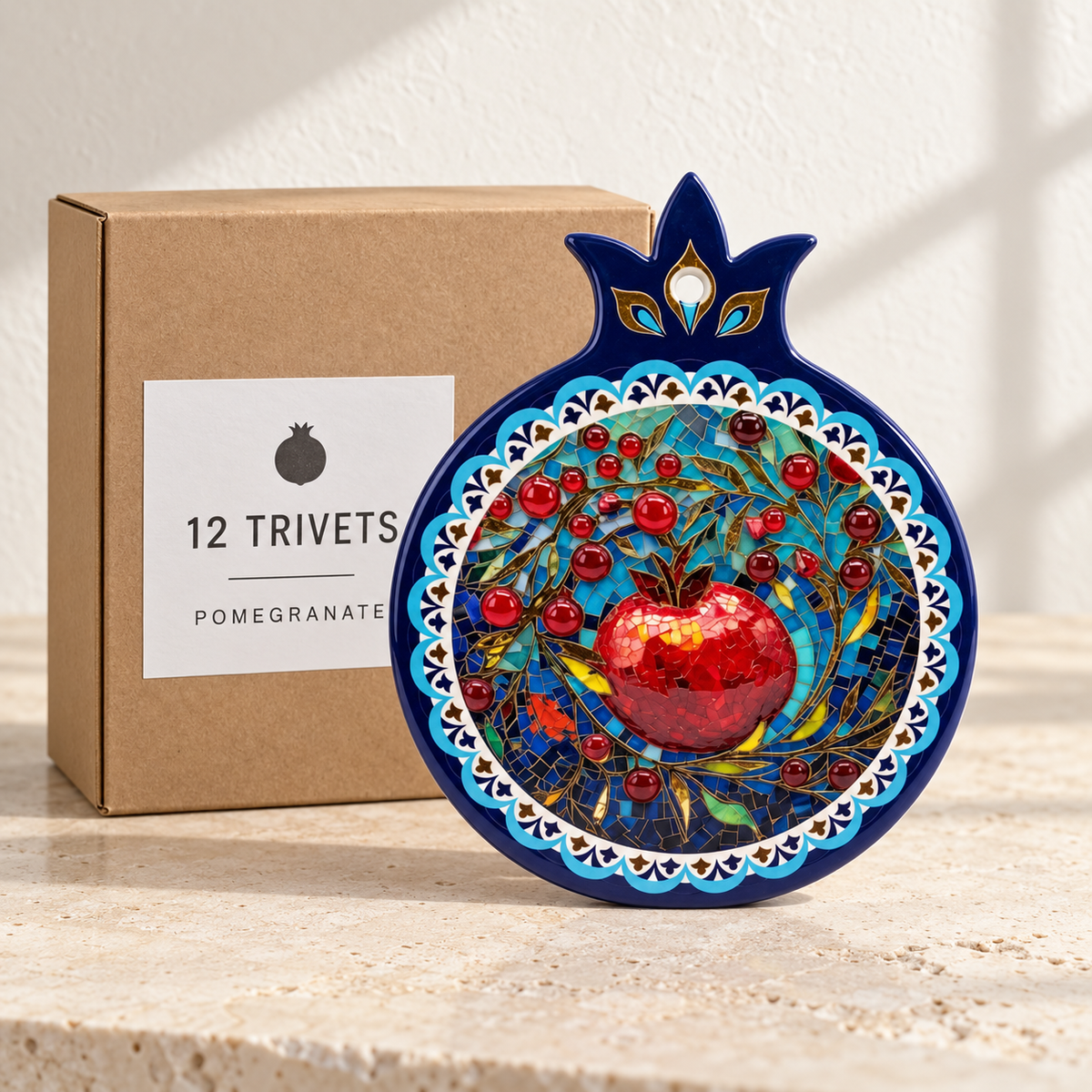 Pomegranate wholesale box of 12 — one sample of the selected design shown with illustrative carton
