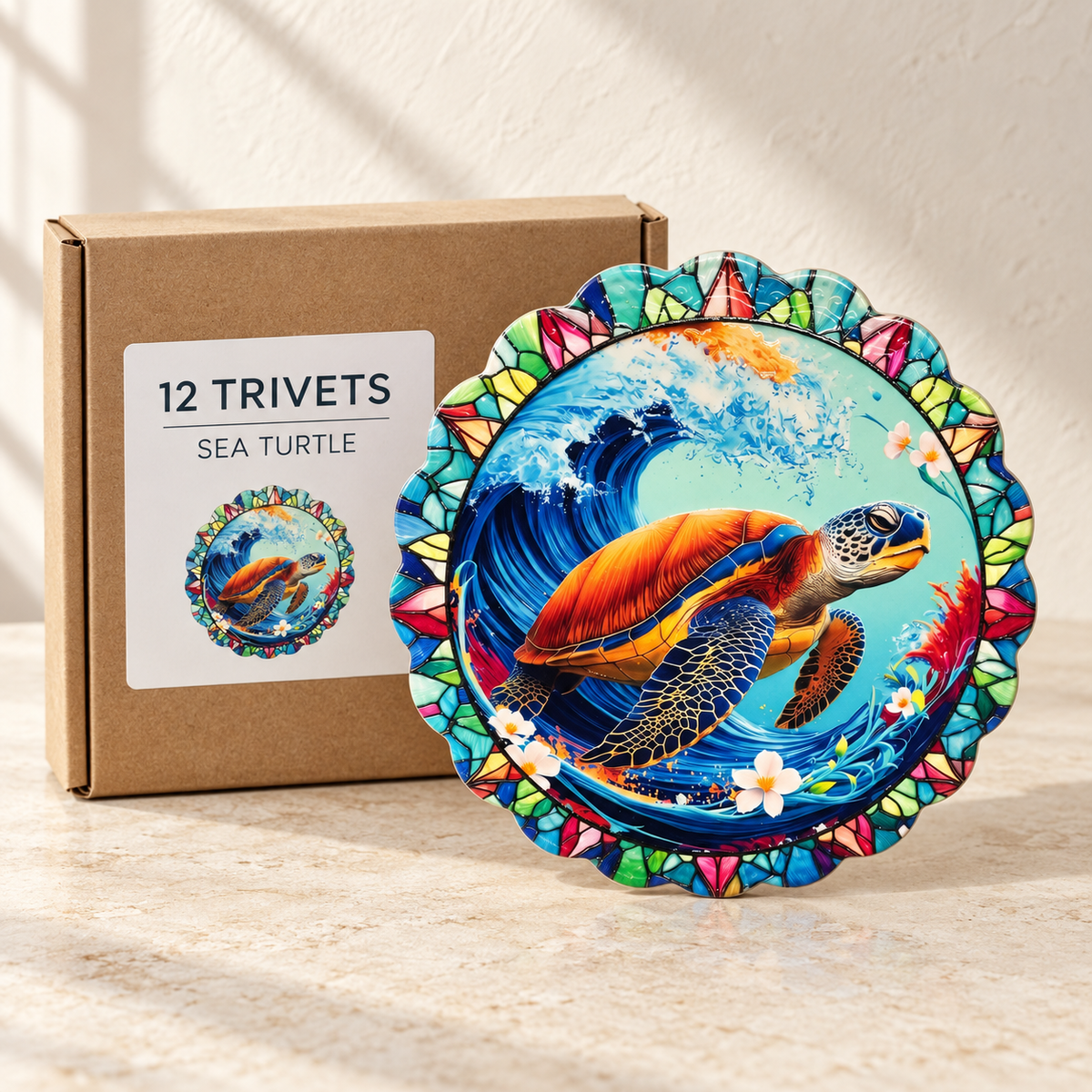 Sea Turtle wholesale box of 12 — one sample of the selected design shown with illustrative carton