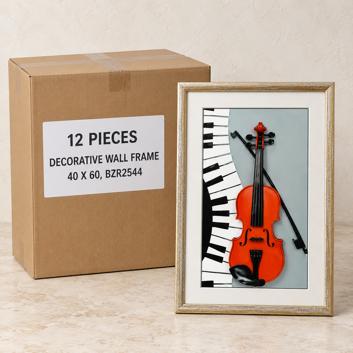 Decorative Wall Frames · 40 × 60 cm — Box of 12 — 12 × Decorative Wall Frame - 40 x 60, BZR2544. Representative samples beside illustrative wholesale carton.