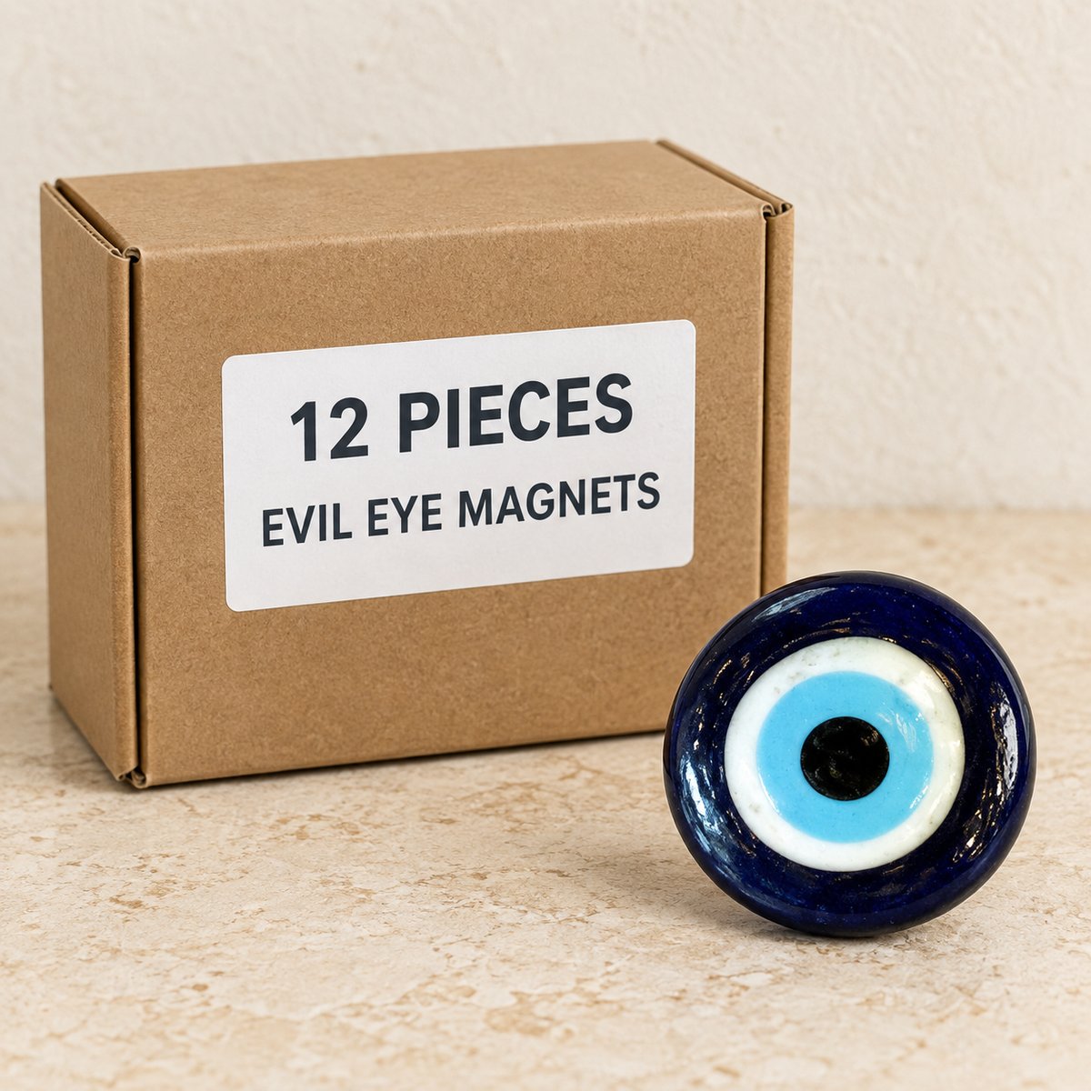 Evil Eye Magnets — Box of 12 — 12 × Evil Eye Magnets. Representative samples beside illustrative wholesale carton.