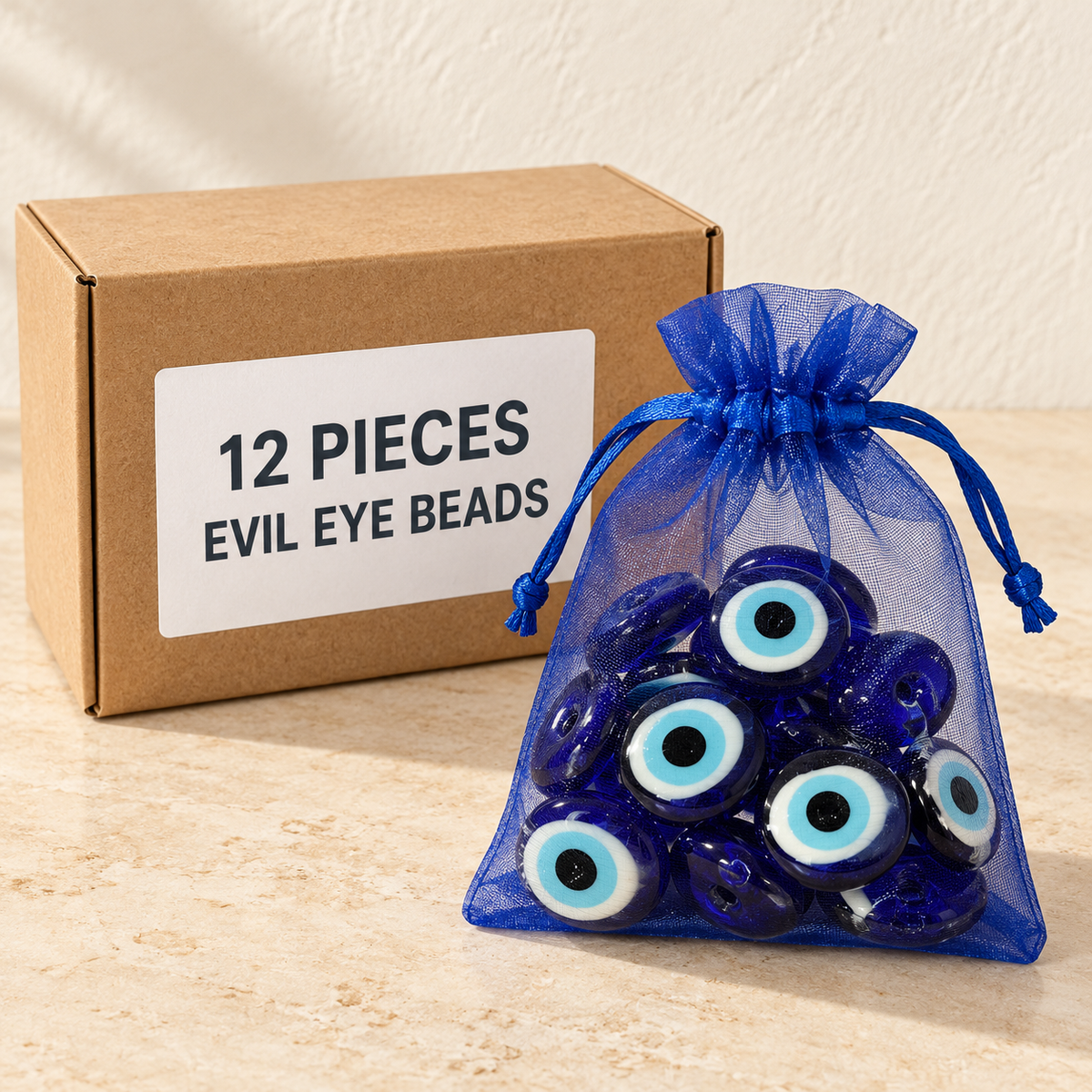 Evil Eye Beads — Box of 12 — 12 × Evil Eye Beads. Representative samples beside illustrative wholesale carton.