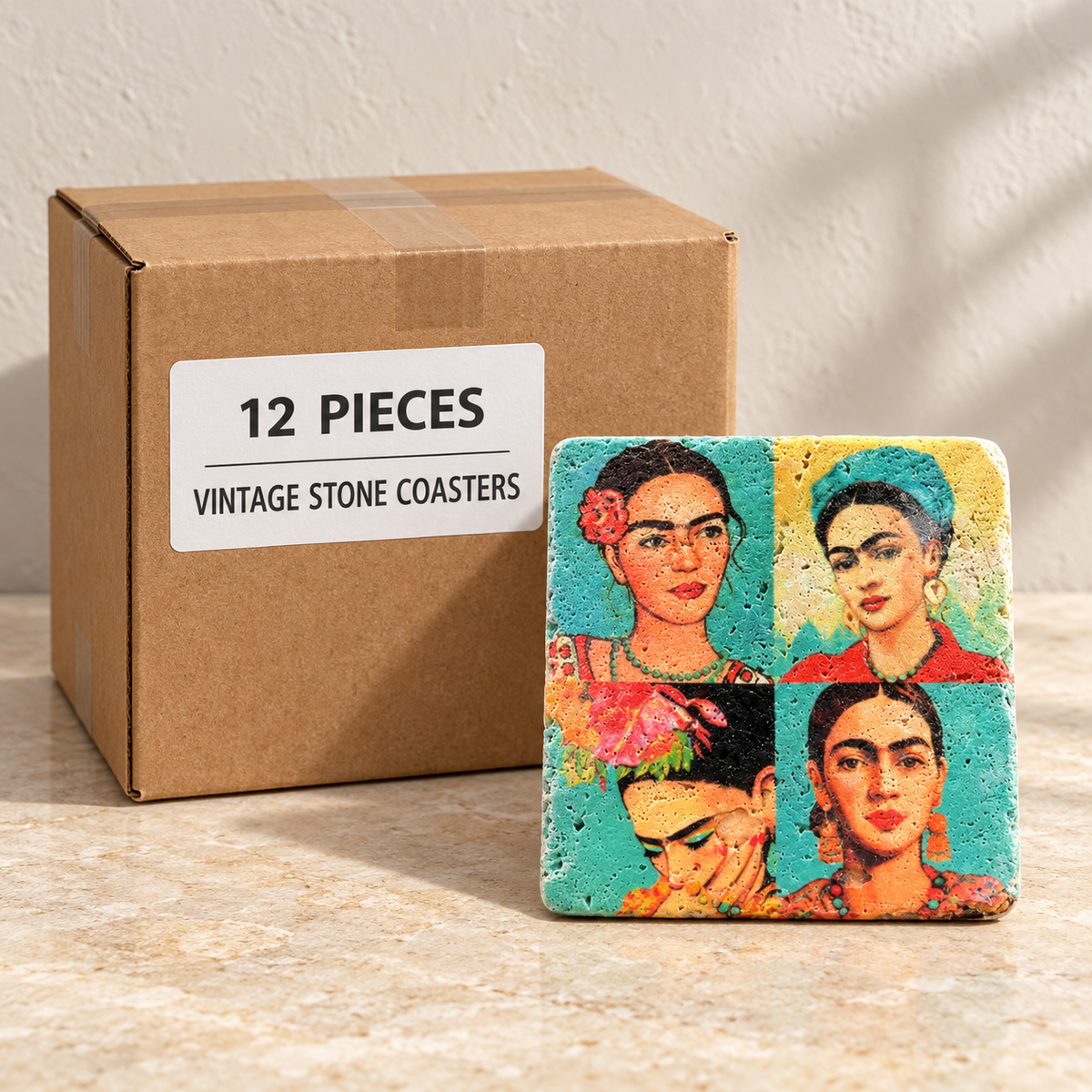 Vintage Stone Coasters — Box of 12 — 12 × Vintage Stone Coasters. Representative samples beside illustrative wholesale carton.