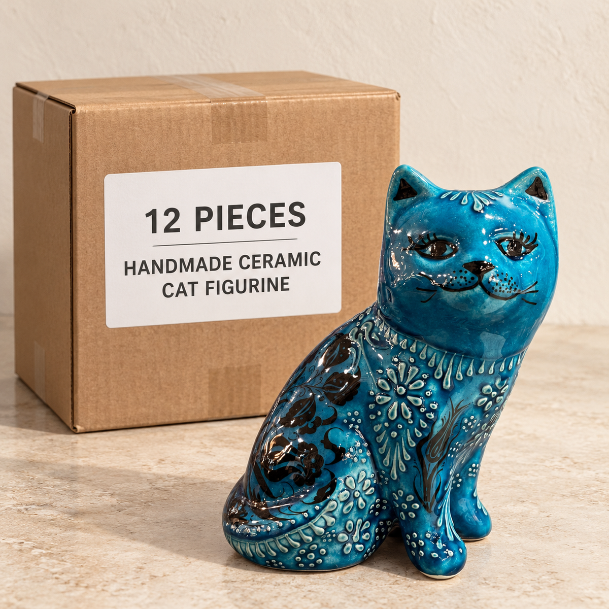 Handmade Ceramic Cat Figurine — Box of 12 — 12 × Handmade Ceramic Cat Figurine. Representative samples beside illustrative wholesale carton.