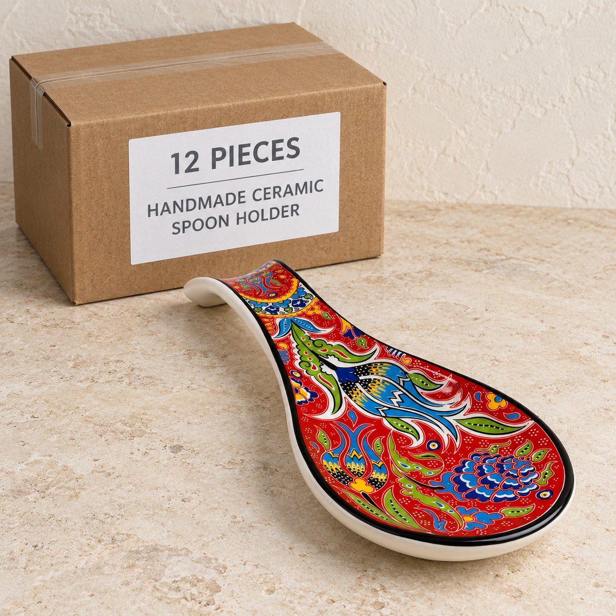 Handmade Ceramic Spoon Holder — Box of 12 — 12 × Handmade Ceramic Spoon Holder. Representative samples beside illustrative wholesale carton.