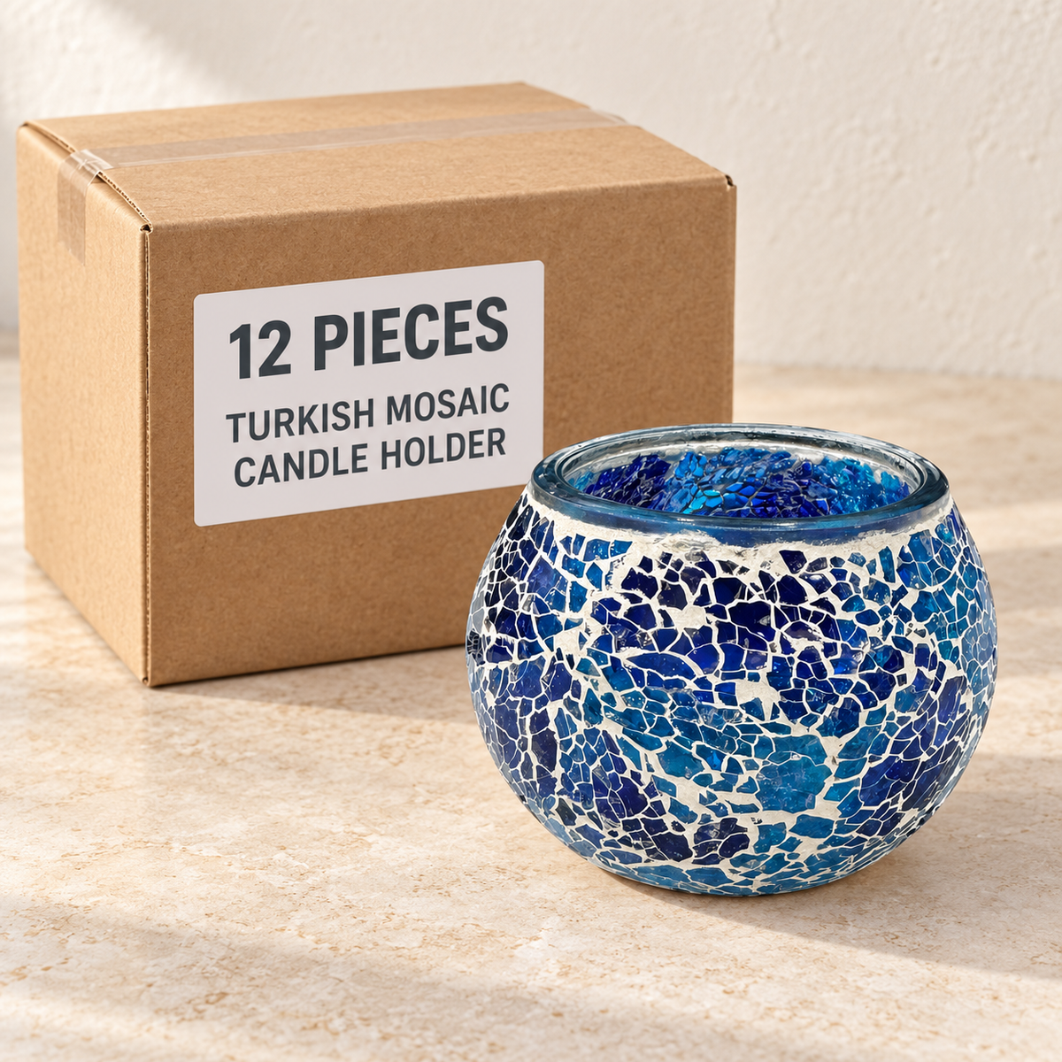 Turkish Mosaic Candle Holder — Box of 12 — 12 × Turkish Mosaic Candle Holder. Representative samples beside illustrative wholesale carton.