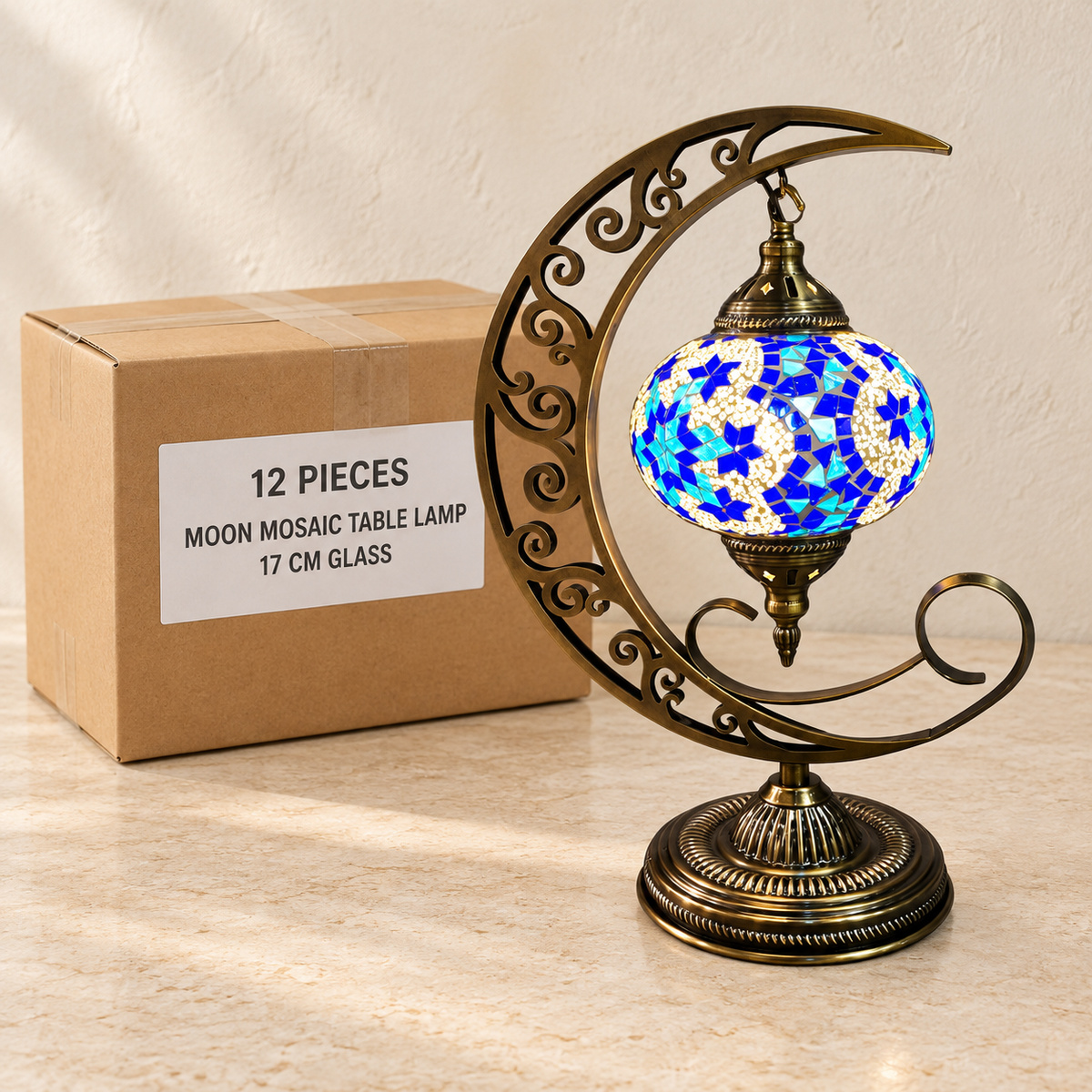 Moon Mosaic Table Lamp - 17 cm Glass — Box of 12 — 12 × Moon Mosaic Table Lamp - 17 cm Glass. Representative samples beside illustrative wholesale carton.
