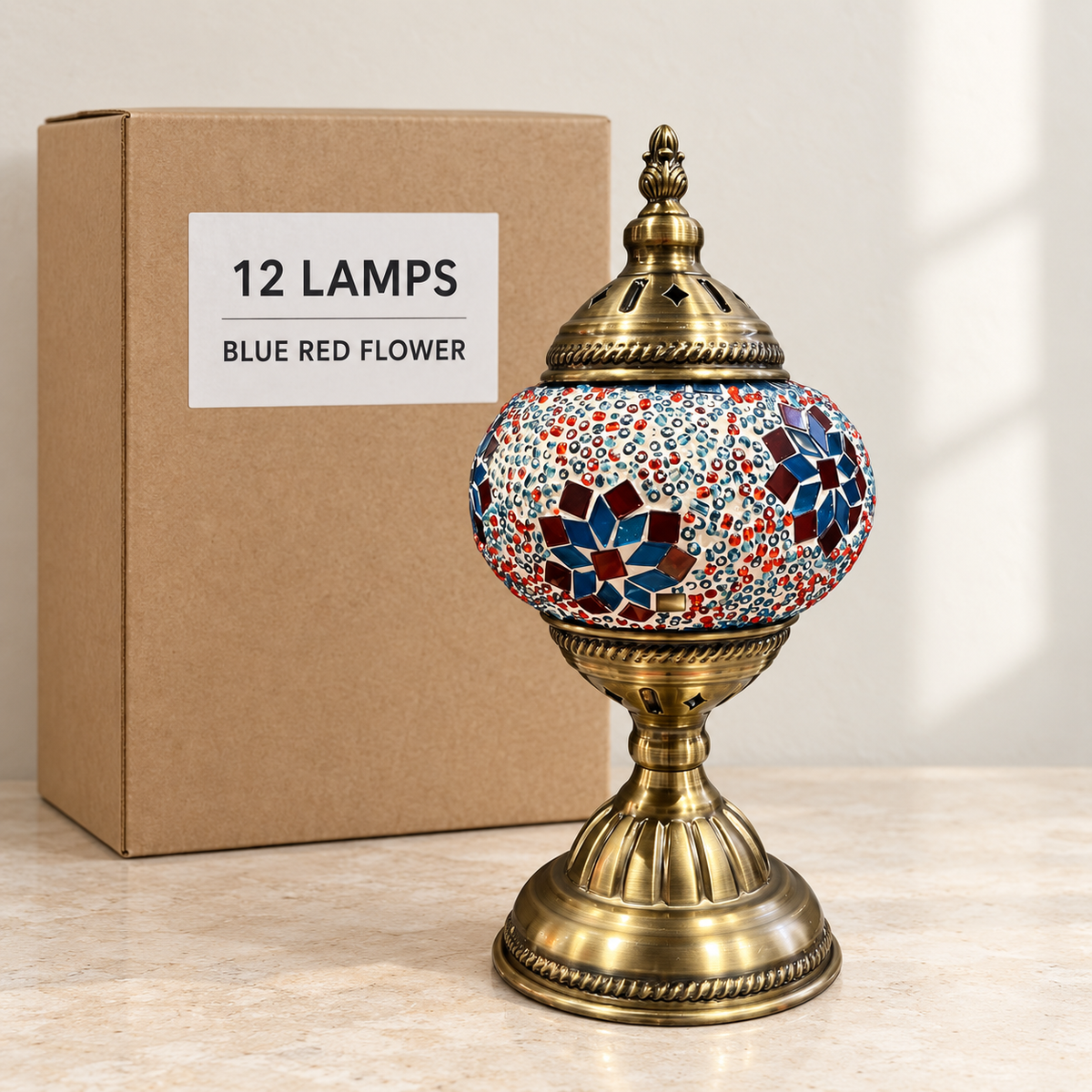 Blue Red Flower mosaic table lamp, based on the original Bazaar G retail product photo. One sample shown; wholesale box contains 12 of this design. Carton illustration.