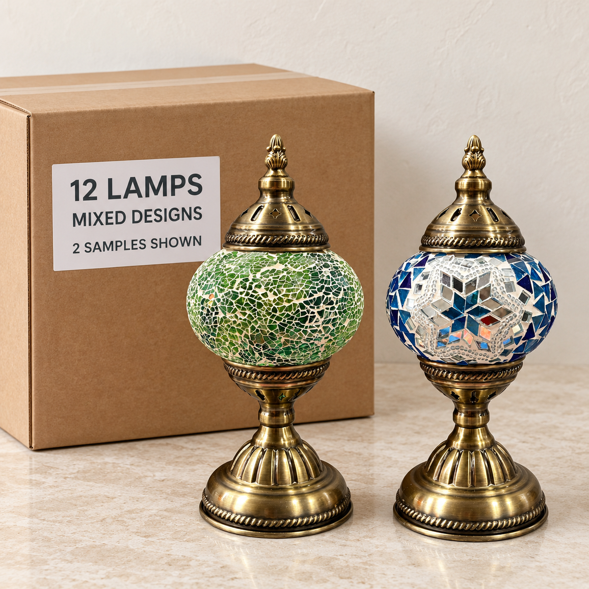 Green Crackle and Blue Star samples with an illustrative 12-lamp carton. Mixed box contains one each of the twelve listed designs.