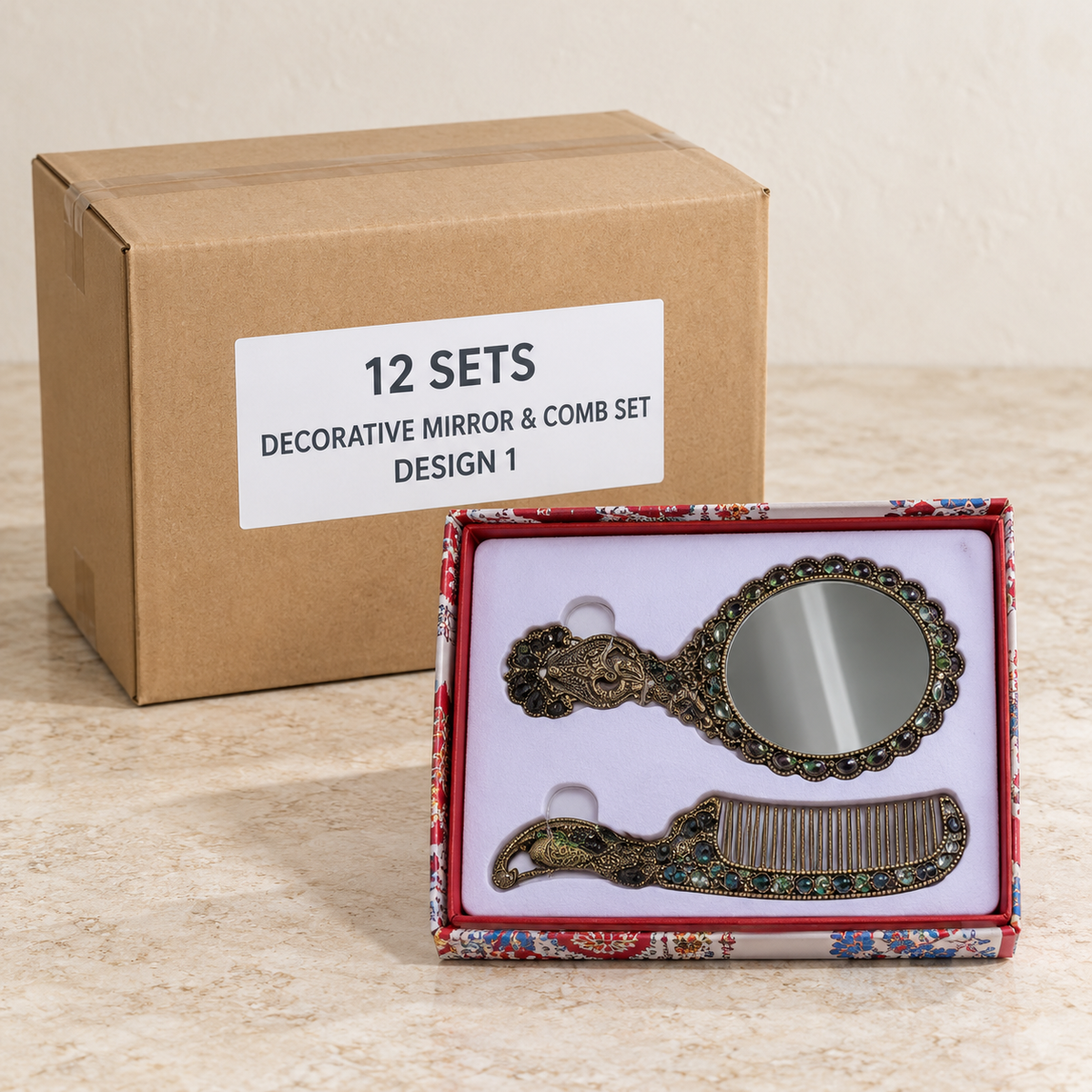 Decorative Mirror & Comb Sets — Box of 12 — 12 × Decorative Mirror & Comb Set - Design 1. Representative samples beside illustrative wholesale carton.