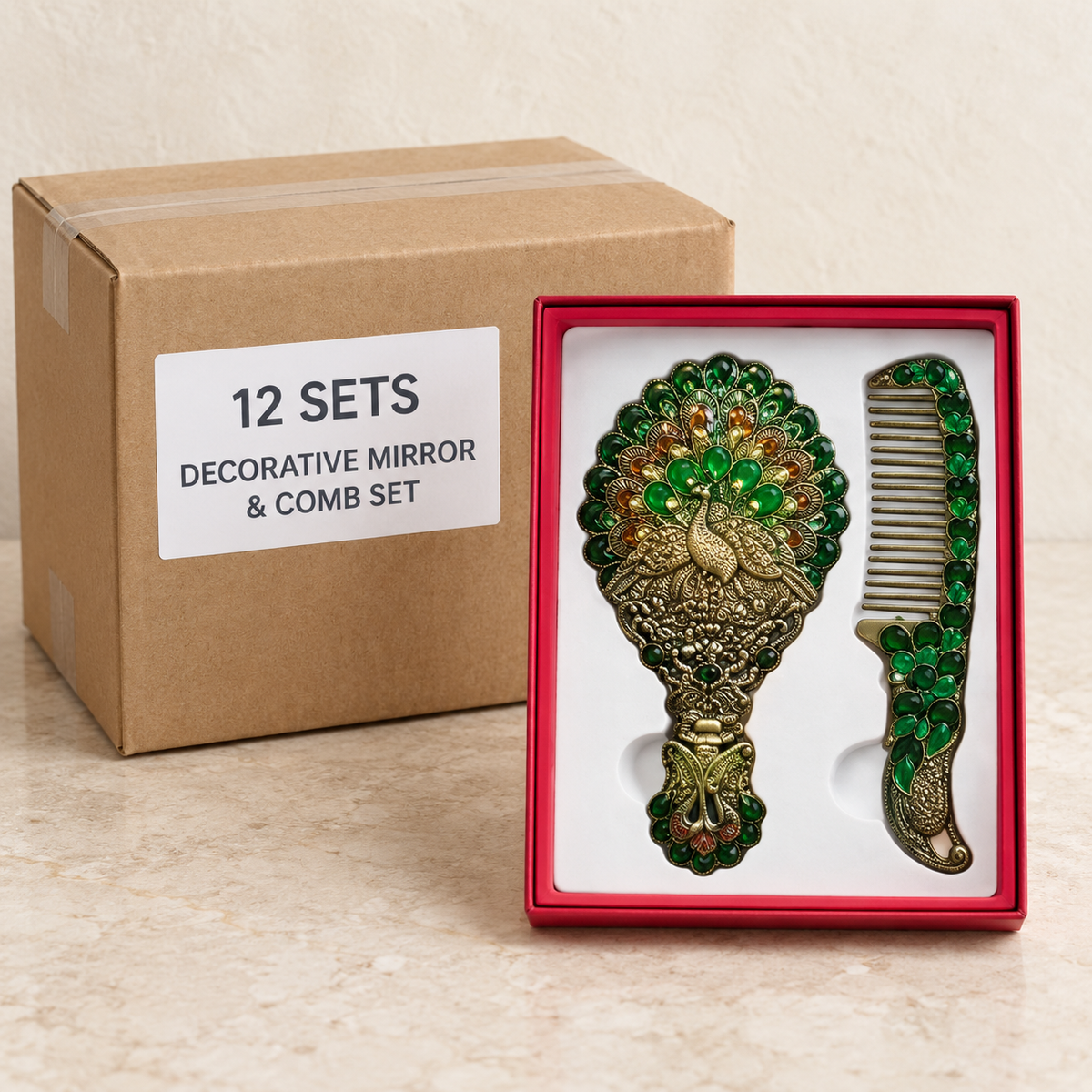 Decorative Mirror & Comb Sets — Box of 12 — 12 × Decorative Mirror & Comb Set. Representative samples beside illustrative wholesale carton.