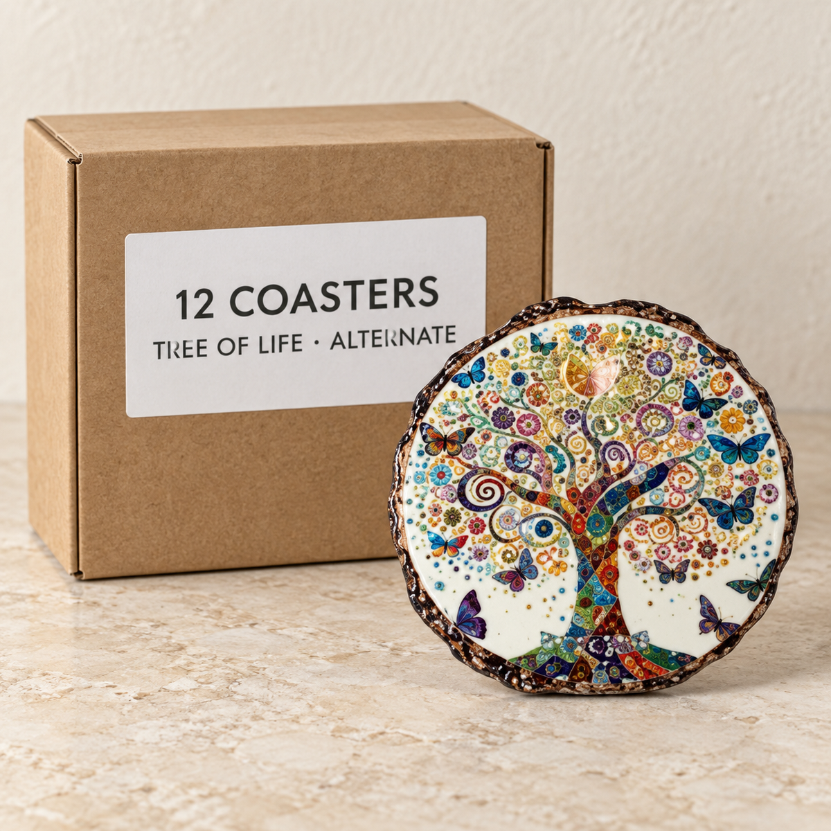 Nature Ceramic Coasters · 10 cm — Box of 12 — 12 × Tree of Life · alternate. Representative sample beside illustrative wholesale carton.