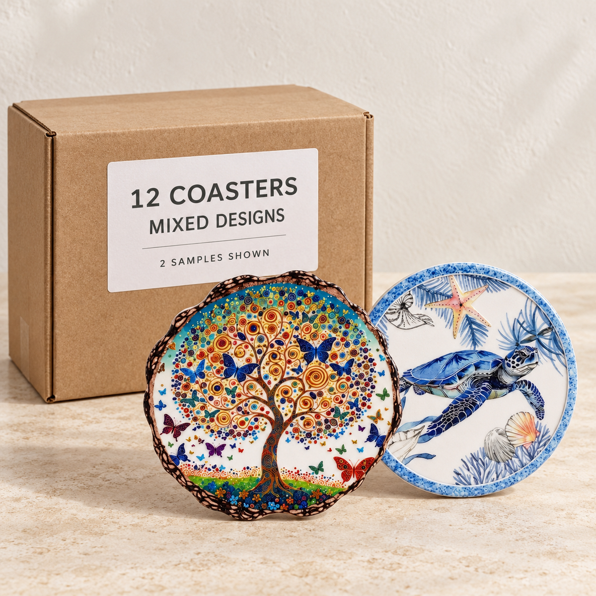 Nature Ceramic Coasters · 10 cm — Box of 12 — Mixed box — 3 of each design. Representative product samples beside a carton; full pack quantity is 12.