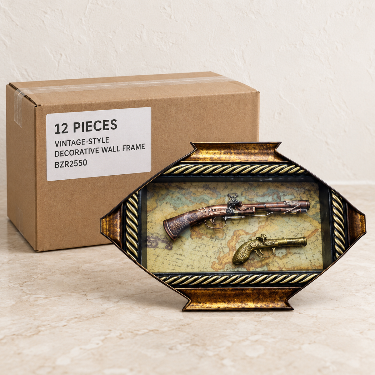 Vintage-Style Decorative Wall Frames — Box of 12 — 12 × Vintage-Style Decorative Wall Frame - BZR2550. Representative samples beside illustrative wholesale carton.