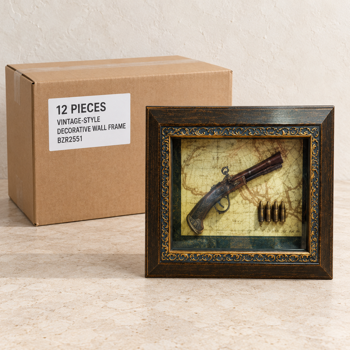 Vintage-Style Decorative Wall Frames — Box of 12 — 12 × Vintage-Style Decorative Wall Frame - BZR2551. Representative samples beside illustrative wholesale carton.
