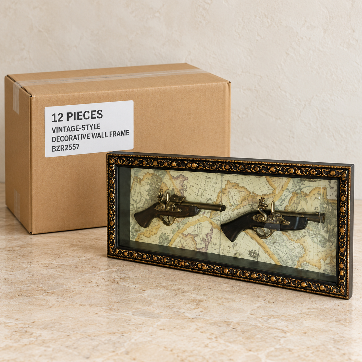 Vintage-Style Decorative Wall Frames — Box of 12 — 12 × Vintage-Style Decorative Wall Frame - BZR2557. Representative samples beside illustrative wholesale carton.