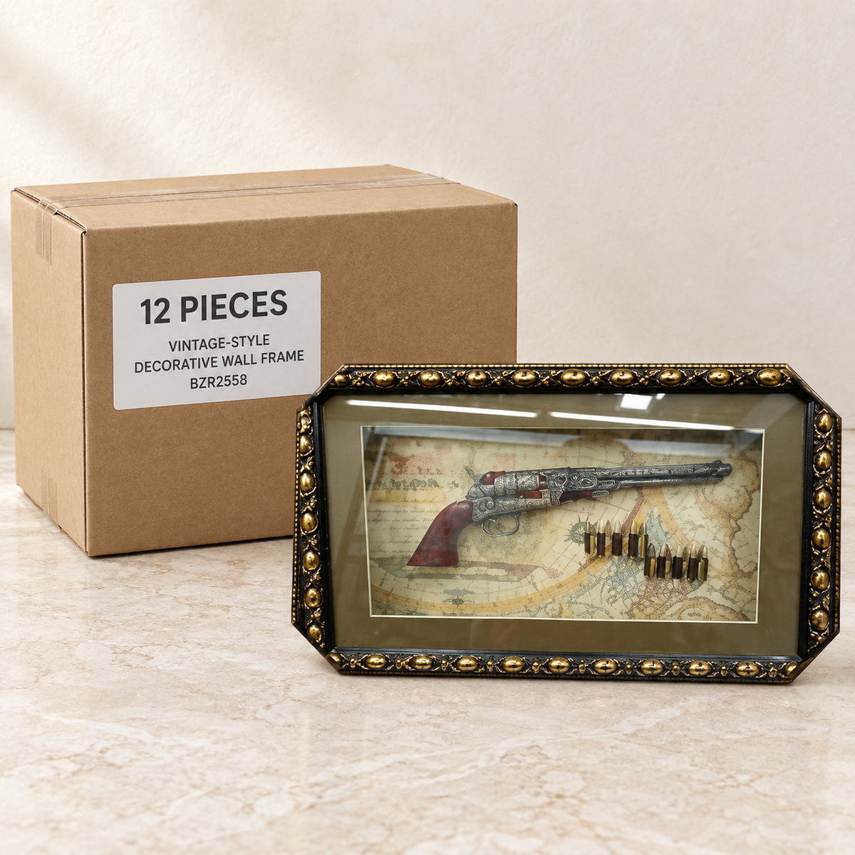 Vintage-Style Decorative Wall Frames — Box of 12 — 12 × Vintage-Style Decorative Wall Frame - BZR2558. Representative samples beside illustrative wholesale carton.