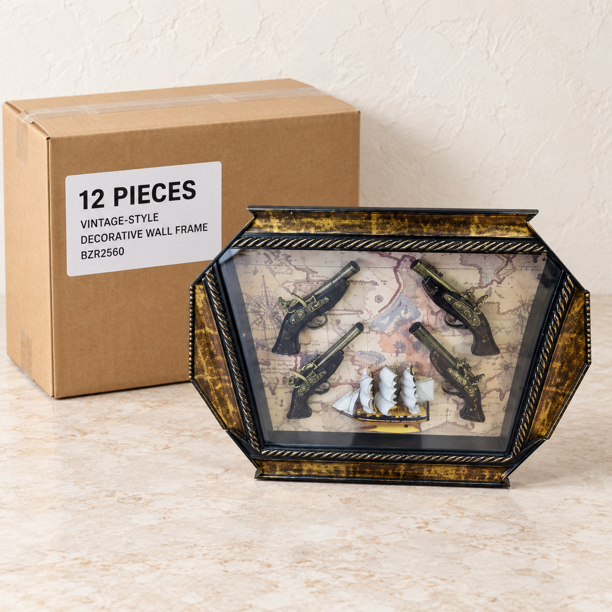 Vintage-Style Decorative Wall Frames — Box of 12 — 12 × Vintage-Style Decorative Wall Frame - BZR2560. Representative samples beside illustrative wholesale carton.